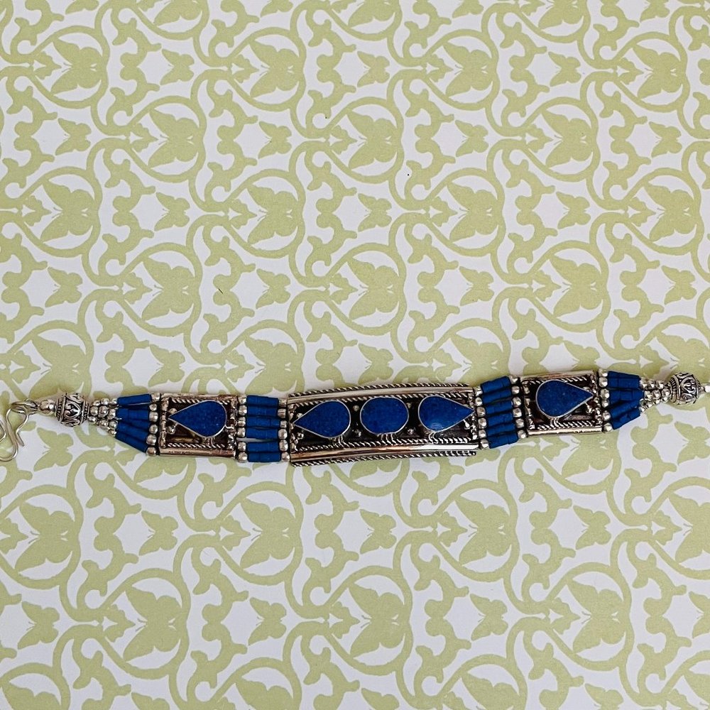 Lapis Lazuli Gemstone Tibetian 925 Sterling Silver Plated Bracelet 7”+ NEW